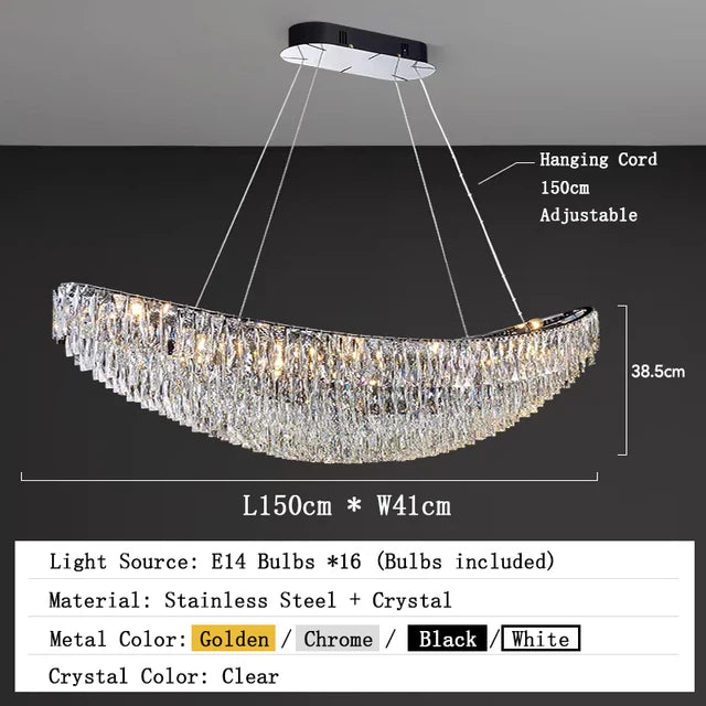 A luxurious, modern home chandelier with a curved crystal design and adjustable hanging cords. Measuring 150 cm in length and 41 cm in width, the Gio Crystal Dining Room Light Fixture by Morsale.com uses 16 E14 bulbs and is crafted from stainless steel and crystal. Available colors include golden, chrome, black, and white.