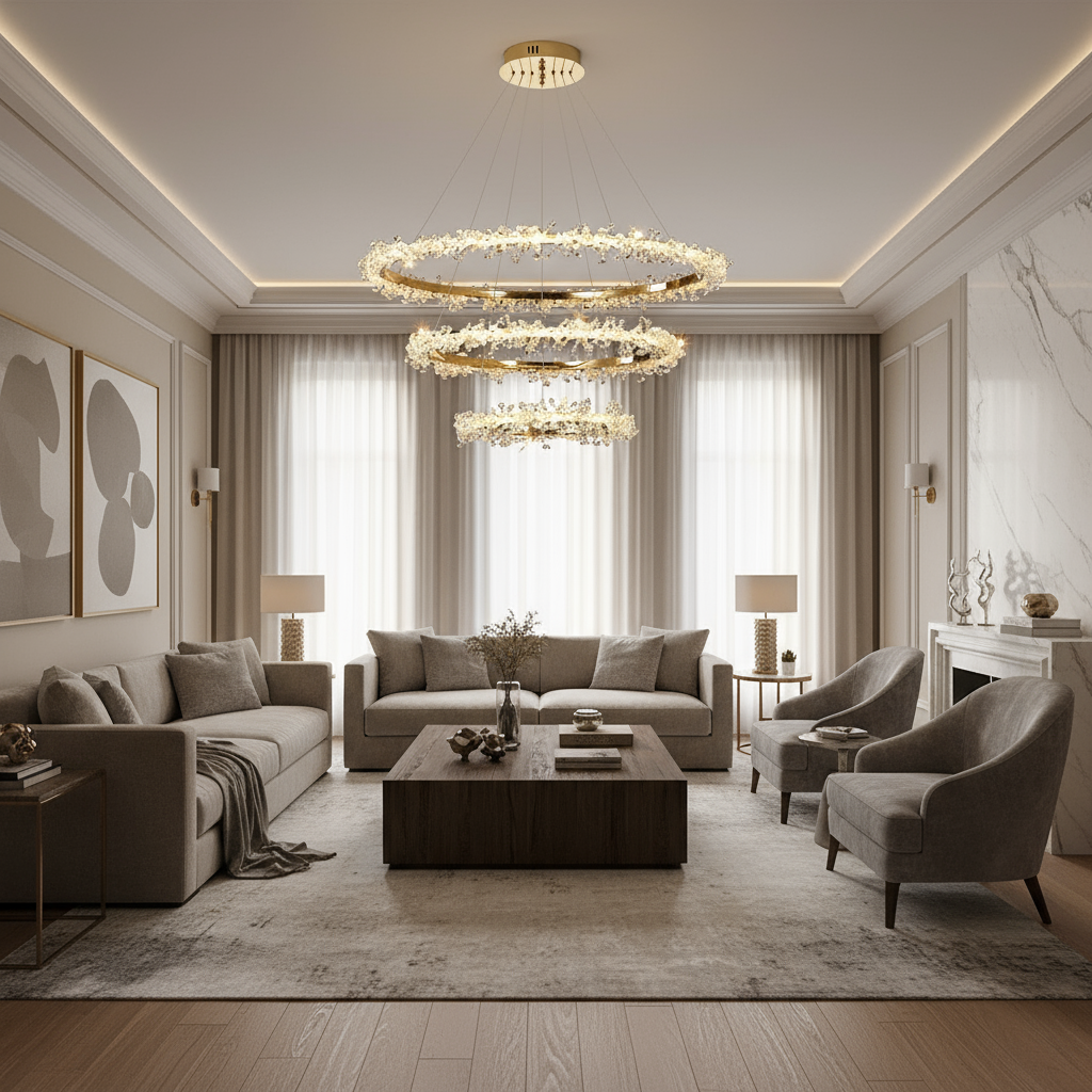 A modern living room in neutral tones features two sofas, two armchairs, a wooden coffee table, abstract wall art, and the Capri 3-Tier Modern Chandelier by Morsale.com. Floor-to-ceiling windows with sheer curtains add brightness and sophistication.