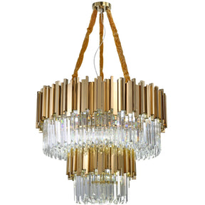 The Gio Contemporary Chandelier by Morsale.com is a luxurious, multi-tiered lighting fixture adorned with gold and Swarovski crystal accents. Suspended by a sturdy gold chain, its tiers feature vertical gold and clear crystal rods, creating an elegant and sophisticated statement piece for any space.