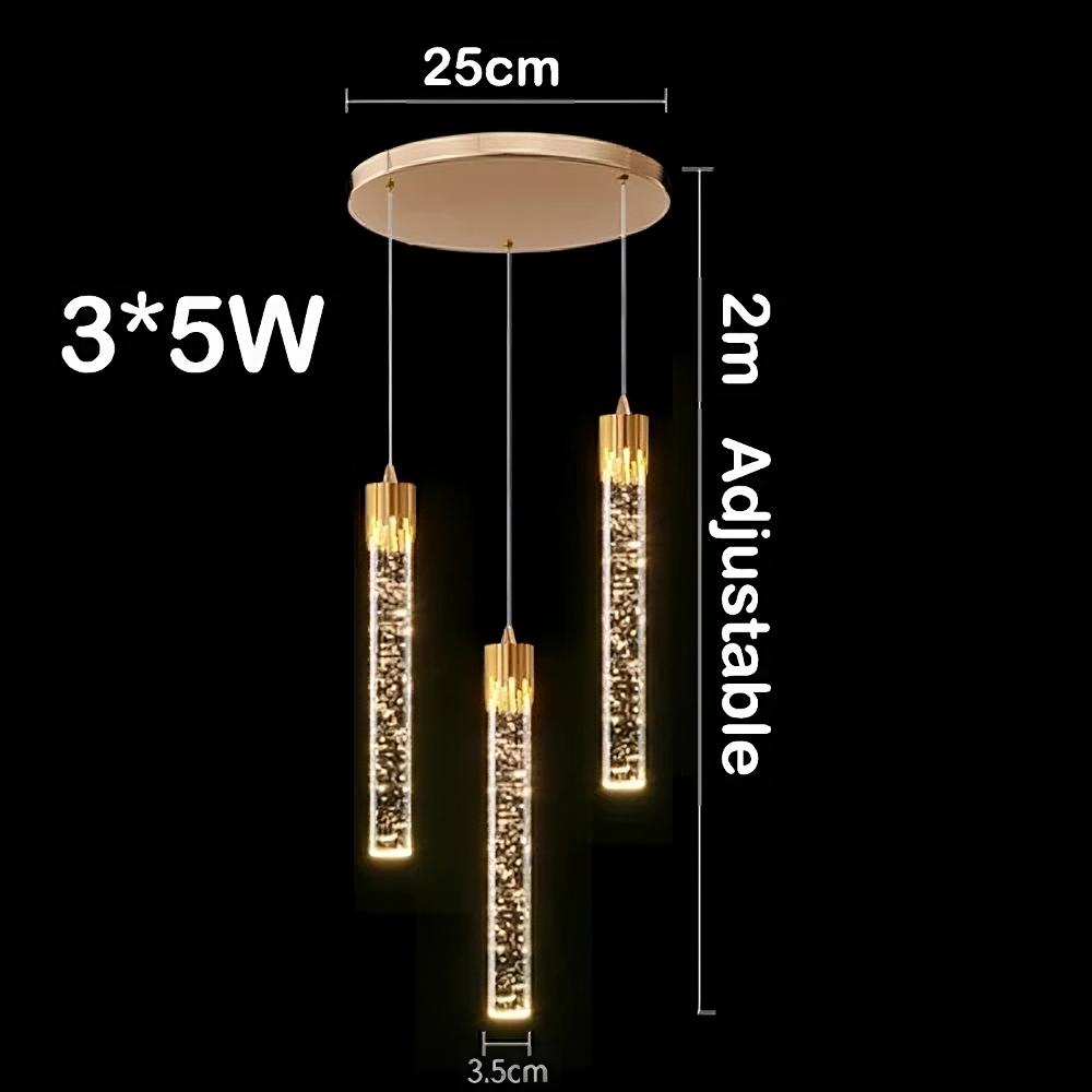 A polished gold Modern Minimalist LED Pendant Light from Morsale.com with three vertically hanging tubular pendant lights. Each pendant light features LED chips and an illuminated core with a sparkling effect inside. The fixture's round base has a diameter of 25 cm, and the lights are adjustable up to a 2-meter length.