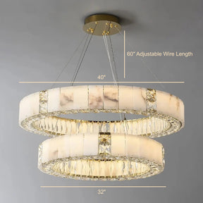 The Natural Marble & Crystal Modern Ceiling Light Fixture from Morsale.com is a modern ceiling chandelier with two stacked circular light fixtures, suspended by four wires, each 60 inches long and adjustable. The upper ring has a diameter of 40 inches, and the lower ring has a diameter of 32 inches. This piece of luxury home décor features a mix of frosted and clear sections.