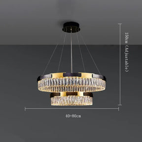 The Siena Contemporary Crystal Light Fixture by Morsale.com is an exquisite chandelier featuring two circular tiers of crystal-like elements suspended from the ceiling by four cables. The top tier, which measures 80 cm in diameter, is larger than the bottom tier, which measures 40 cm in diameter. Made from stainless steel, this elegant chandelier has a total height that can be adjusted up to 150 cm.