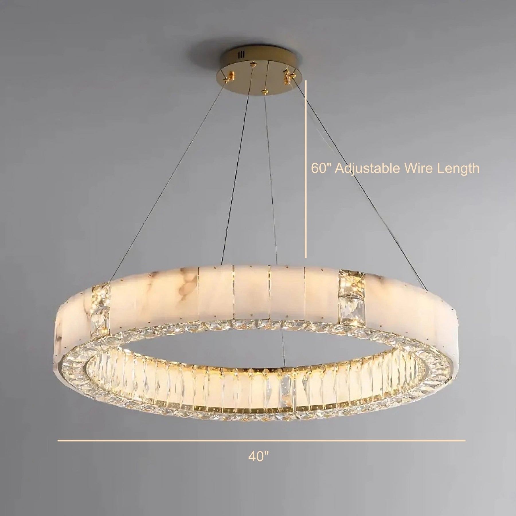 A Natural Marble & Crystal Modern Ceiling Light Fixture by Morsale.com with a 40" diameter and an adjustable wire length of 60". The ceiling light fixture features a sleek design with frosted and clear segments, creating an elegant and contemporary look perfect for luxury home décor.