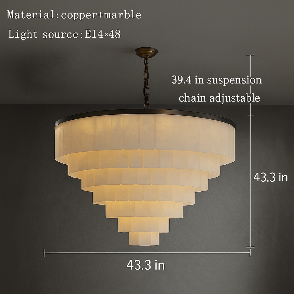 
                  
                    Chandelier with dimensions and material details on a dark background
                  
                