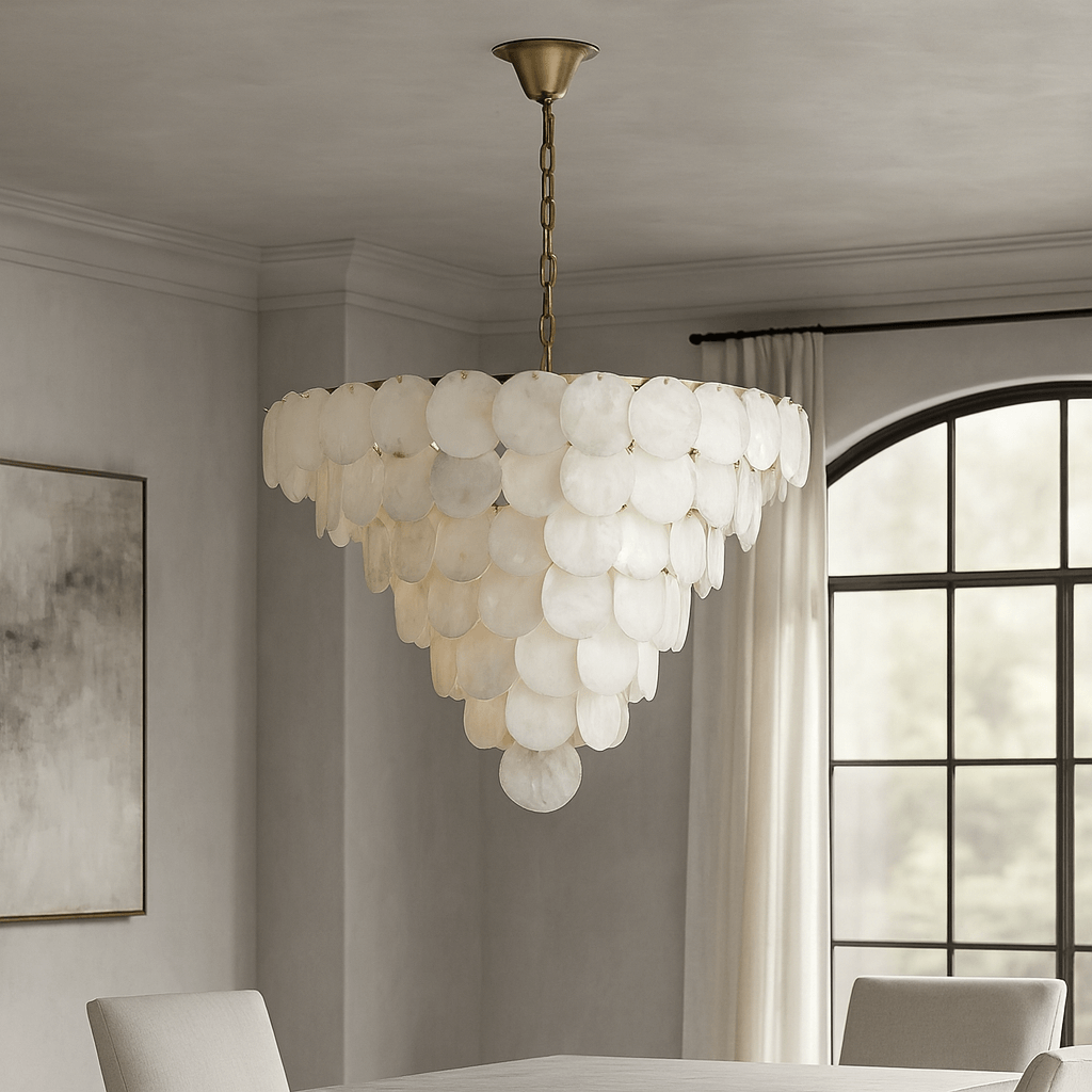 A modern dining room showcases the Porto Marble Modern Chandelier by Morsale.com, featuring overlapping round white capiz shells on a brass chain above the table. The space includes light gray walls, white curtains, and a framed abstract painting.