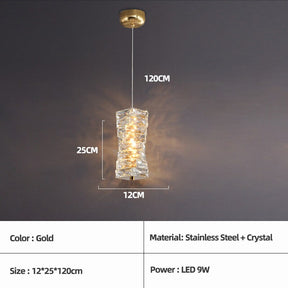 A modern Morsale.com Bacci Crystal Pendant Light Fixture with handmade crystals and stainless steel hangs from the ceiling, illuminated by LED lights. The light fixture has dimensions labeled: 25 cm wide and 120 cm long.