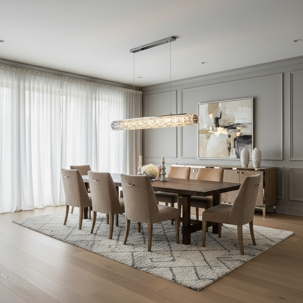 A modern dining room with a wooden table, eight beige upholstered chairs, a geometric rug, abstract wall art, vases on a sideboard, and large windows with sheer white curtains—illuminated by the Morsale Bacci Linear Crystal Suspension Light.