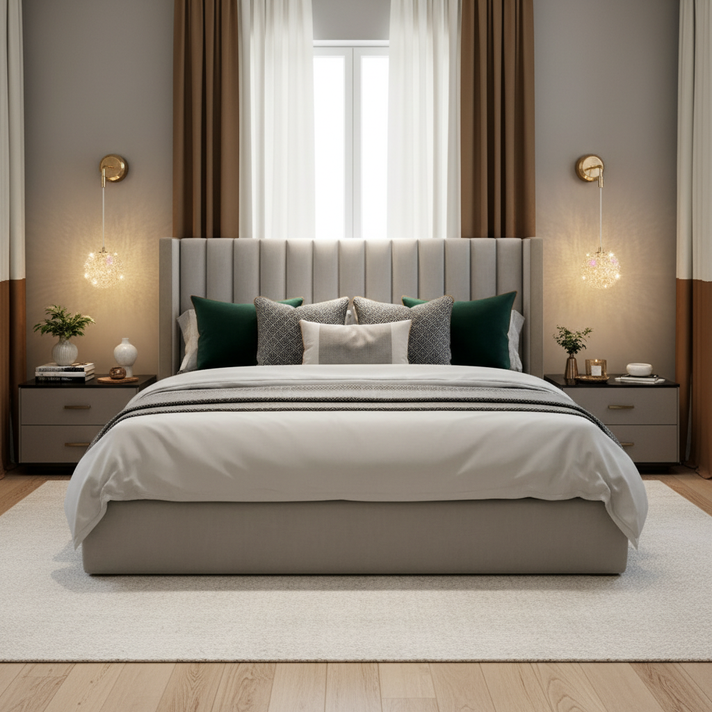 A modern bedroom features a neatly made bed with gray and white bedding, green accent pillows, and a tall headboard. Two bedside tables hold small plants and lamps complemented by Morsale's El Sol Crystal Wall Sconce for a sleek touch.