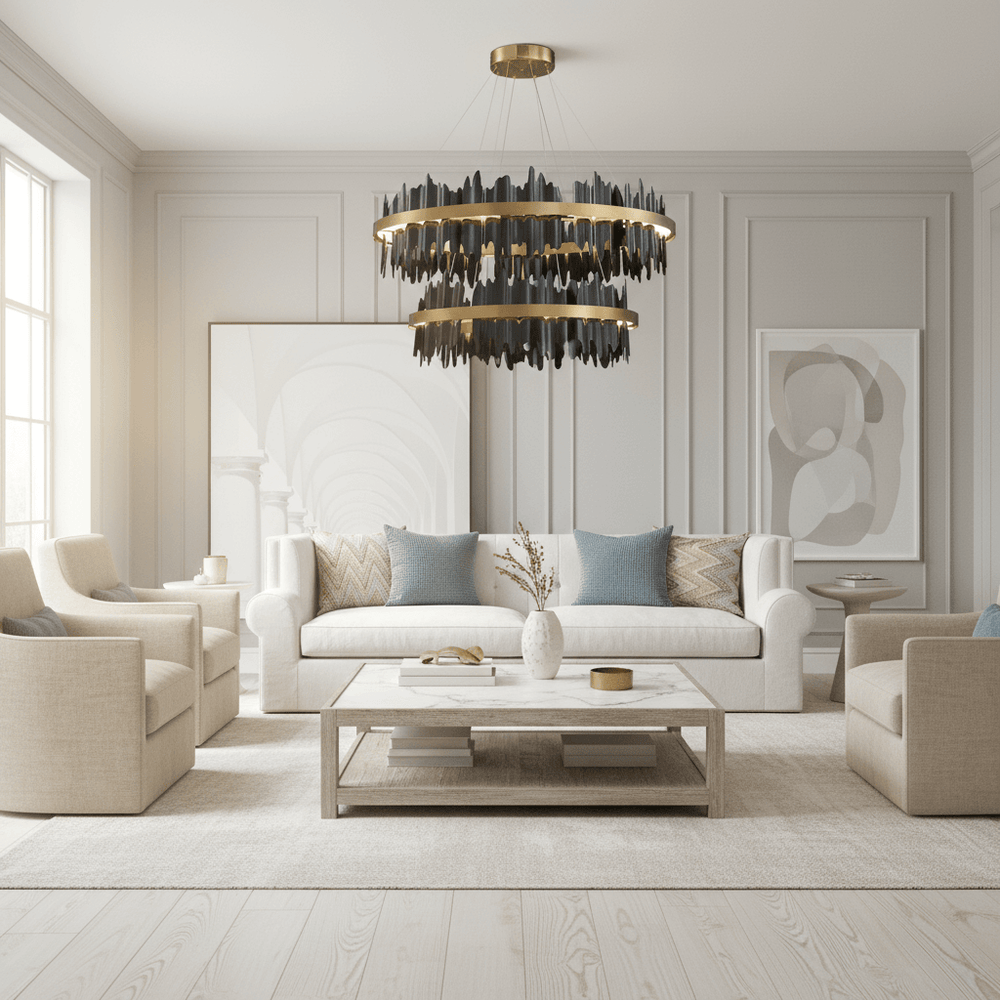 A modern living room in neutral tones features a white sofa, beige armchairs, a marble coffee table, abstract art, and the striking black and gold Nera 2-Tier Modern Chandelier by Morsale.com hanging above.
