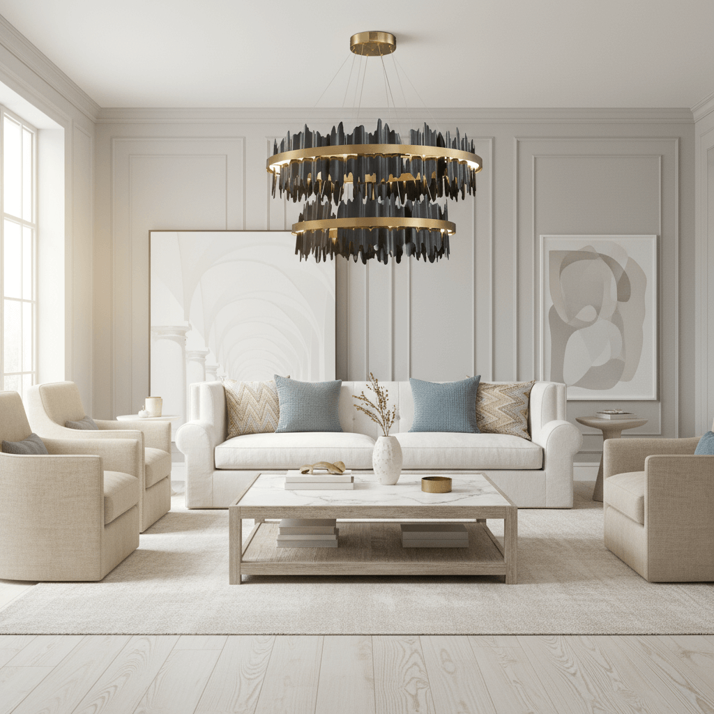 A modern living room in neutral tones features a white sofa, beige armchairs, a marble coffee table, abstract art, and the striking black and gold Nera 2-Tier Modern Chandelier by Morsale.com hanging above.