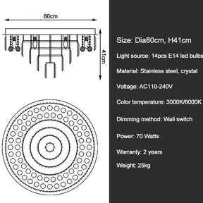 Here is a technical illustration and specifications for the Gio Crystal Ceiling Light by Morsale.com. This circular fixture (80 cm diameter, 41 cm height) boasts multiple E14 LED bulbs and sophisticated Smoke Grey Crystal elements. Constructed from stainless steel, it operates at 70W with a color temperature of 3000K/6000K and has a weight of 25 kg.