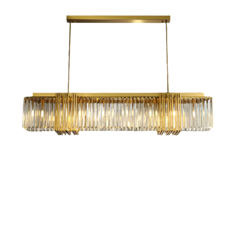 A stylish Gerano Crystal Dining Room Chandelier from Morsale.com, featuring a modern rectangular design with a brushed gold finish and vertical crystal accents, is suspended from the dining room ceiling. Below it sits a small arrangement of kitchen utensils including a bottle of dark liquid and a transparent container holding brushes.