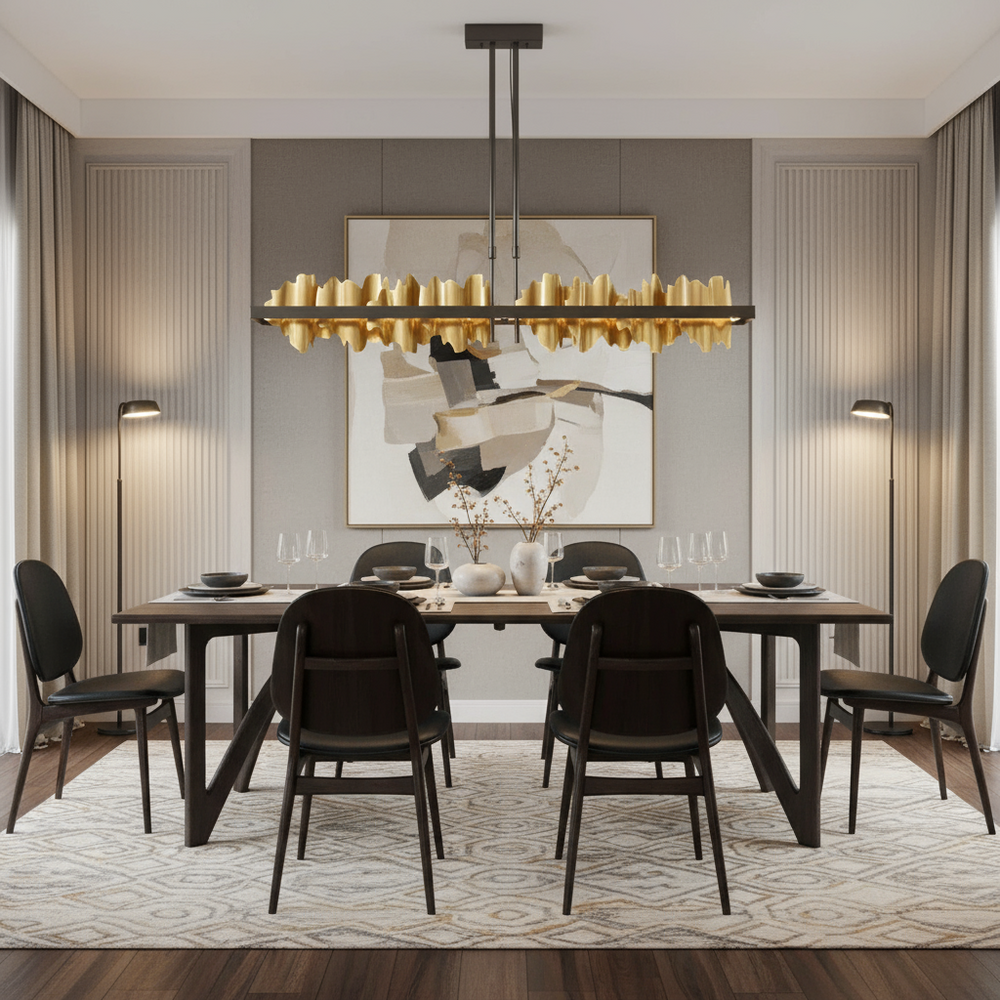 
                  
                    A modern dining room featuring a dark wood table for six, black chairs, abstract wall art, floor lamps, neutral curtains, a patterned rug on hardwood floors, and the Nera Modern Dining Room Chandelier from Morsale.com in brushed brass.
                  
                