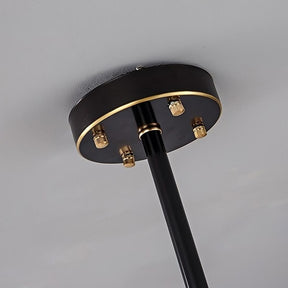 A Morsale.com Bari Crystal Branch Chandelier in Black with a circular base and rod, featuring four empty golden sockets for bulbs, set against a grey background.