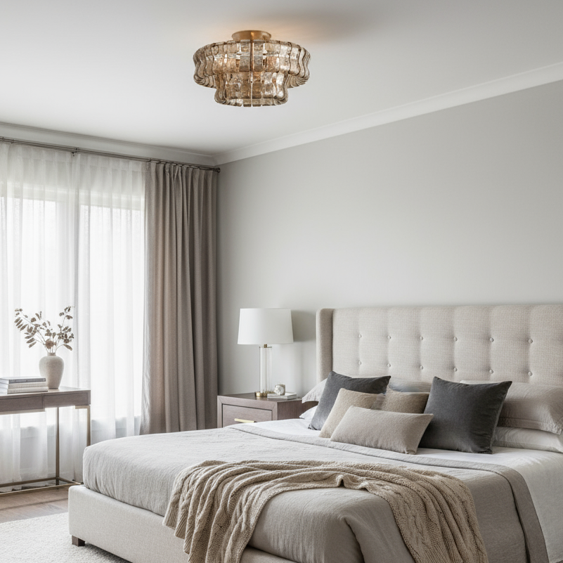 
                  
                    A modern bedroom features a tufted beige bed with neutral bedding, decorative pillows, and a textured blanket. The Riviera 20" Flush Mount by Morsale adds elegance as sunlight filters through sheer curtains, brightening the serene space.
                  
                