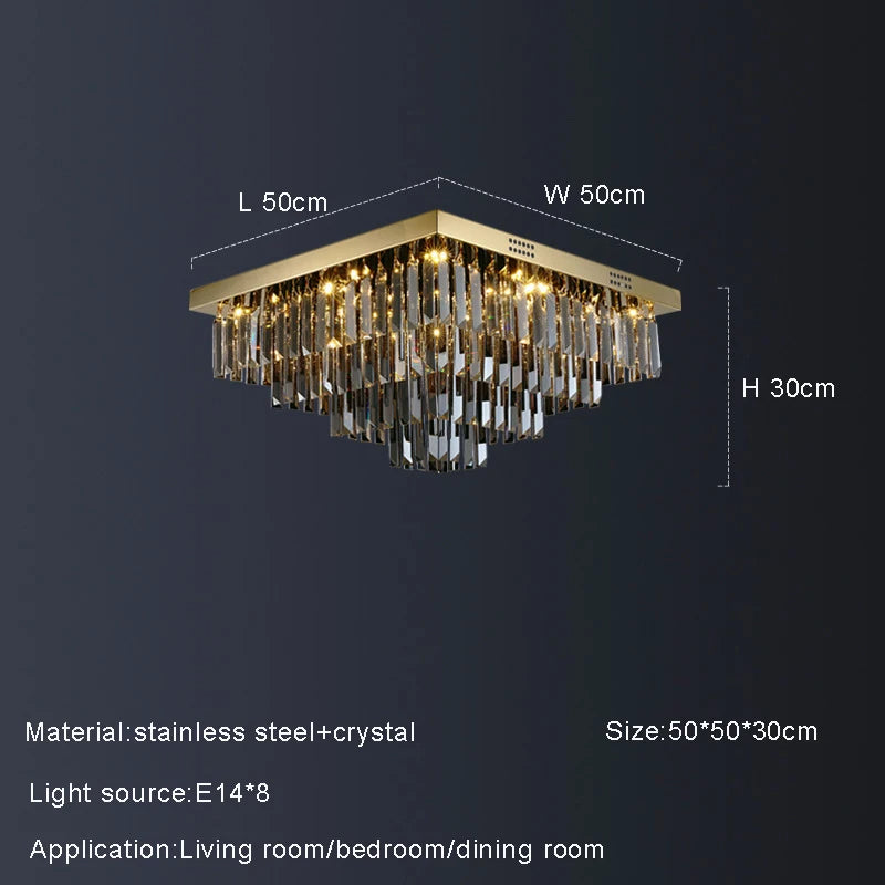 Image of the Morsale.com Gio Smoke Grey Crystal Ceiling Chandelier, featuring a square, contemporary-style chandelier with a stainless steel base and multiple smoke grey crystal pendants hanging down. Dimensions are labeled as 50cm in length, 50cm in width, and 30cm in height. This elegant design uses 8 E14 light bulbs and is suitable for living rooms, bedrooms, and dining rooms.