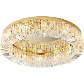 A close-up of the luxurious Specchio Crystal Ceiling Light by Morsale.com, showcasing its circular gold frame. The chandelier boasts multiple tiers of clear crystals that reflect light to create a sparkling effect. This elegant design adds a touch of glamour and sophistication to modern decor.