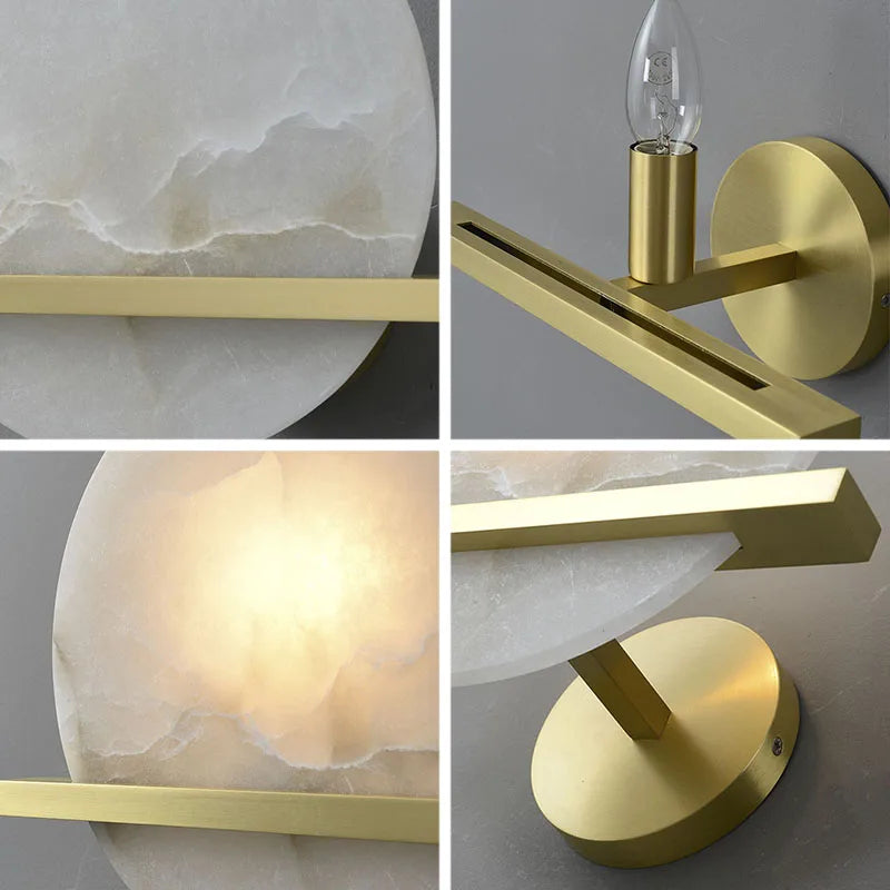 A four-panel image showcases a Natural Marble Wall Light Sconce by Morsale.com with a round backplate and gold metallic accents. The top right panel highlights the LED light source, while the other panels provide close-up views of the marble texture and sleek modern design elements.