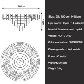 Diagram of the Gio Crystal Ceiling Light by Morsale.com with product details. Dimensions: Diameter 100cm, Height 48cm. Light source: 19 E14 LED bulbs. Material: Stainless steel, smoke grey crystals. Voltage: AC110-240V. Color temperature options: 3000K and 6000K. Dimming controlled via wall switch. Power consumption: 95W. Warranty period: 2 years.
