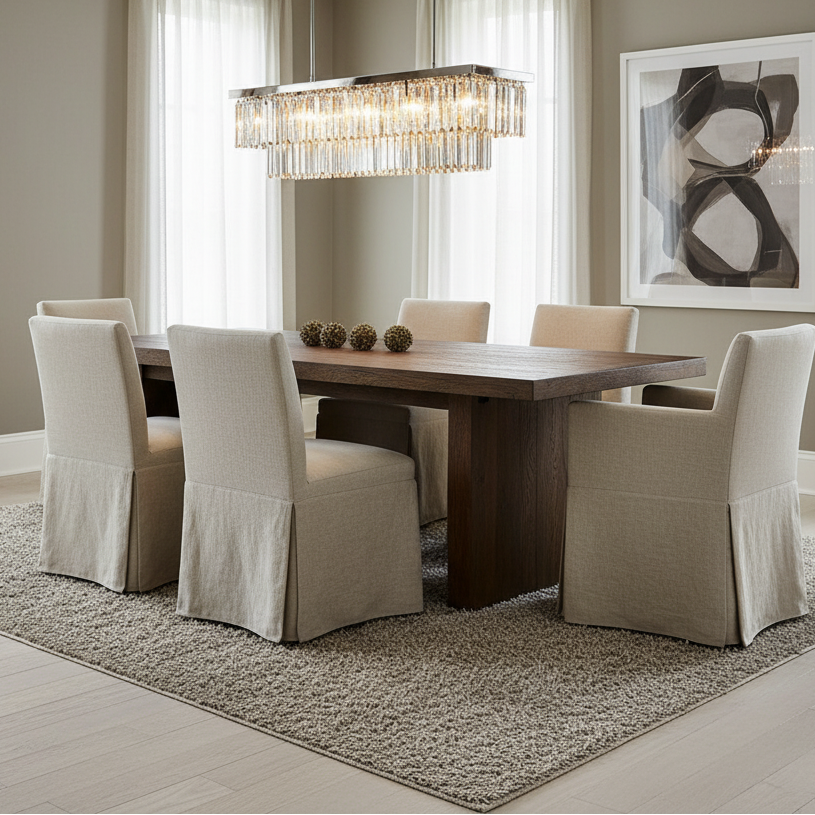 Dining room with a wooden table and beige chairs under a crystal chandelier.