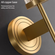 Close-up of the Morsale Palermo Wall Sconce, featuring a circular base and rectangular arm in an elegant gold finish. Text reads: "All copper base. Thickened brass for safety and firmness." Equipped with LED lighting for optimal efficiency.