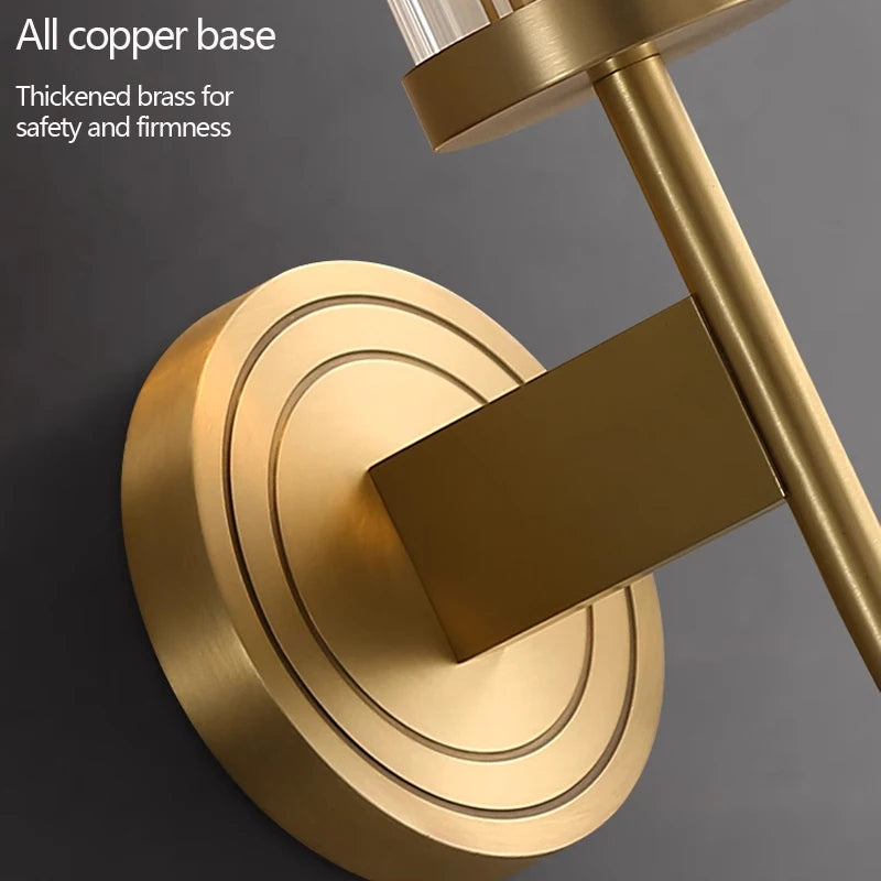 Close-up of the Palermo Postmodern Copper Wall Sconce by Morsale, featuring an elegant all-copper base with a sleek brass finish. The circular design highlights two concentric rings, ideal for postmodern lighting. Text on the top left reads: "All copper base. Thickened brass for safety and firmness.