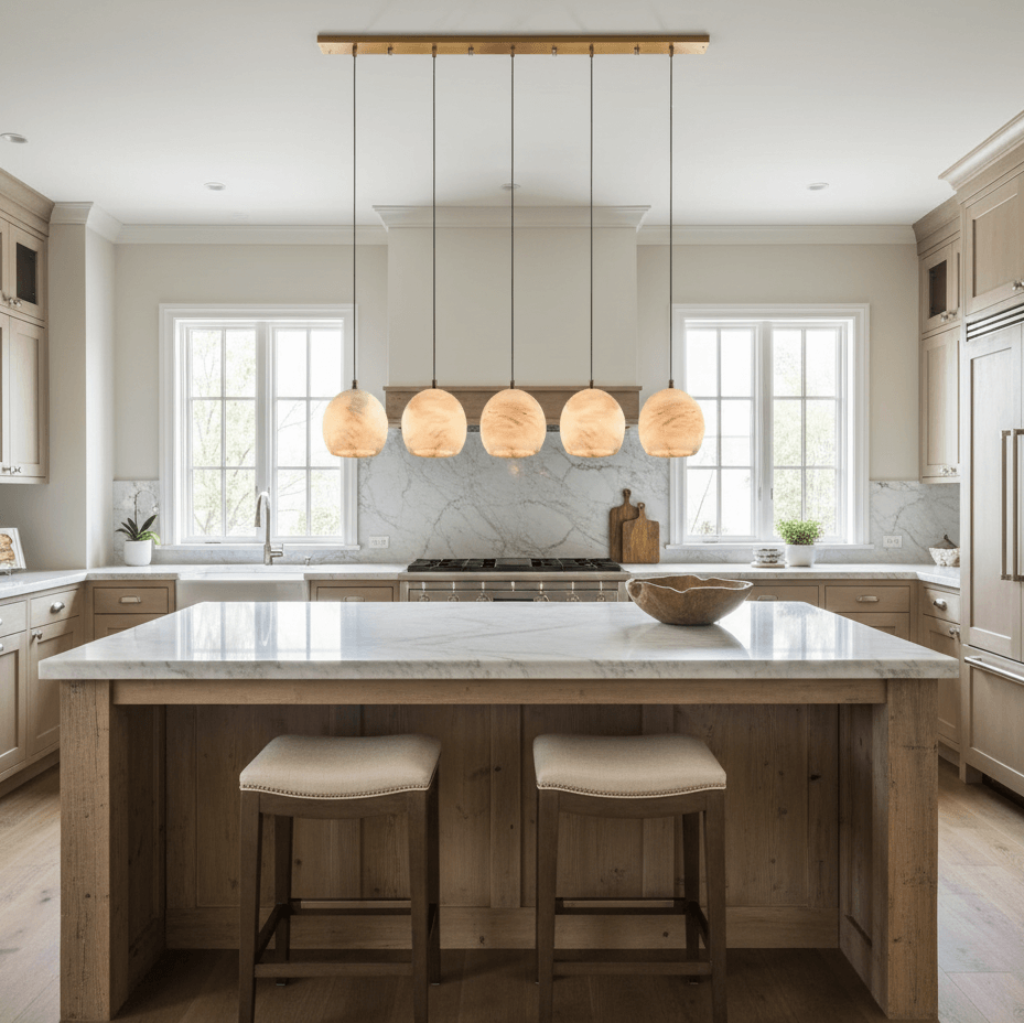 Modern kitchen with light wood cabinets, a marble island, cushioned stools, and the Auris 5-Light Linear Marble Chandelier by Morsale.com. Five globe pendants with adjustable suspension cords and dimmable LEDs illuminate the space. A decorative bowl sits on the island.