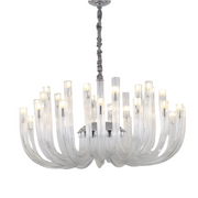 The Candela Glass Chandelier from Morsale.com showcases numerous elongated, tubular glass arms that extend outward and upward from a central metal fixture. Each arm culminates in a glowing bulb, producing an opulent, cozy ambiance. The sleek, translucent finish can be customized with various glass colors, resulting in a striking starburst appearance.