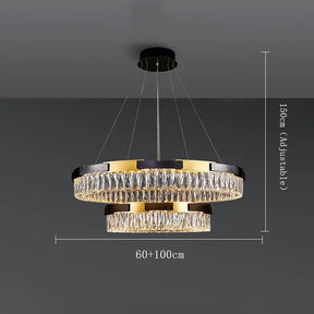 The Siena Contemporary Crystal Light Fixture from Morsale.com graces the ceiling against a gray background. This modern, luxurious chandelier features two tiers of circular, gold-colored frames adorned with crystal accents. The adjustable hanging height is 150 cm, and the diameters of the tiers measure 60 and 100 cm.