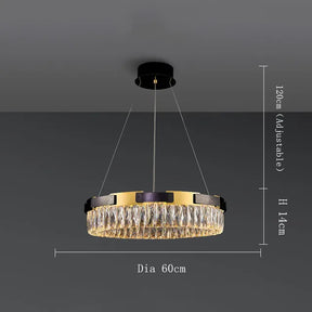 A modern, luxurious chandelier from Morsale.com, the Siena Contemporary Crystal Light Fixture, hangs from the ceiling with an adjustable height of up to 120 cm. Featuring a 60 cm diameter and a height of 14 cm, this pendant mount chandelier boasts intricate crystal details and a sleek black and gold design.