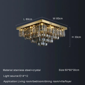The Gio Smoke Grey Crystal Ceiling Chandelier by Morsale.com is a square, modern ceiling chandelier featuring a stainless-steel base and cascading smoke grey crystal elements. Dimensions are 60x60x30 cm. The light source consists of twelve E14 bulbs. This versatile lighting is ideal for illuminating living rooms, bedrooms, dining rooms, villas, and foyers.