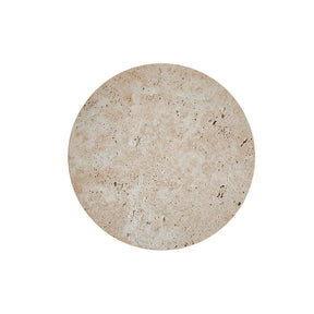 A circular, tan-colored stone Natural Travertine Wall Sconce by Morsale.com with a slightly textured surface, displaying natural variations in color and small porous details. Reminiscent of handmade wall sconces, the wall sconce is photographed against a plain white background.