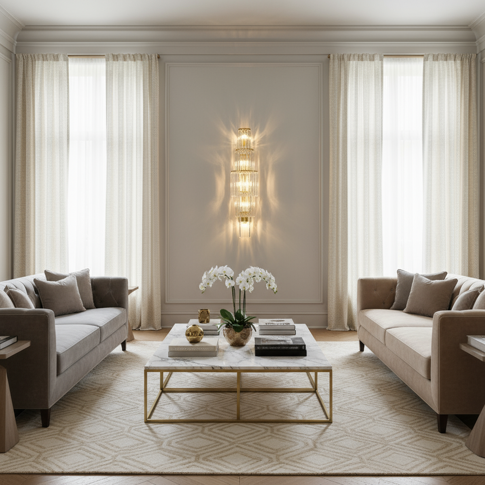 
                  
                    A modern living room with two sofas, a marble coffee table topped with books and flowers, neutral tones, sheer curtains on large windows, and the Gio Crystal Wall Sconce by Morsale.com as a striking decorative centerpiece.
                  
                