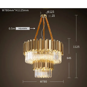 The "Gio Contemporary Chandelier" by Morsale.com is a luxurious Swarovski crystal chandelier adorned with gold accents and hanging crystal prisms, casting a warm, golden light. This contemporary piece showcases two levels of intricate crystal arrangements, suspended by golden rods against a dark gray background.