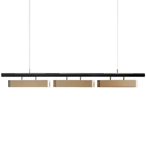 The Marini Brass Dining Room Light Fixture from Morsale.com is a modern pendant light featuring a sleek black horizontal bar supporting three gold rectangular light shades, accented with handmade crystals and suspended by two thin white cords, embodying a minimalistic and contemporary luxurious design.