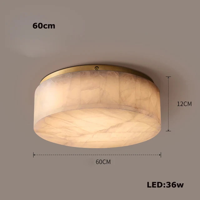 Introducing the Moonshade Natural Marble Ceiling Light Fixture by Morsale.com—this round, flush-mounted ceiling light offers a polished marble-like finish and warm, energy-efficient LED illumination. Measuring 60cm in diameter with a height of 12cm and operating at 36 watts, it features a soft beige color palette that enhances both the ceiling and the light.