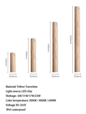 Four cylindrical stone light fixtures of varying heights are exhibited, meticulously designed to feature elegant LED lighting. Each fixture maintains a consistent diameter of 100mm and boasts IP65 waterproofing. These fixtures, offered by Morsale under the name "IP65 Waterproof Natural Travertine Wall Light," come with detailed information on material, wattage, color temperature, and voltage.