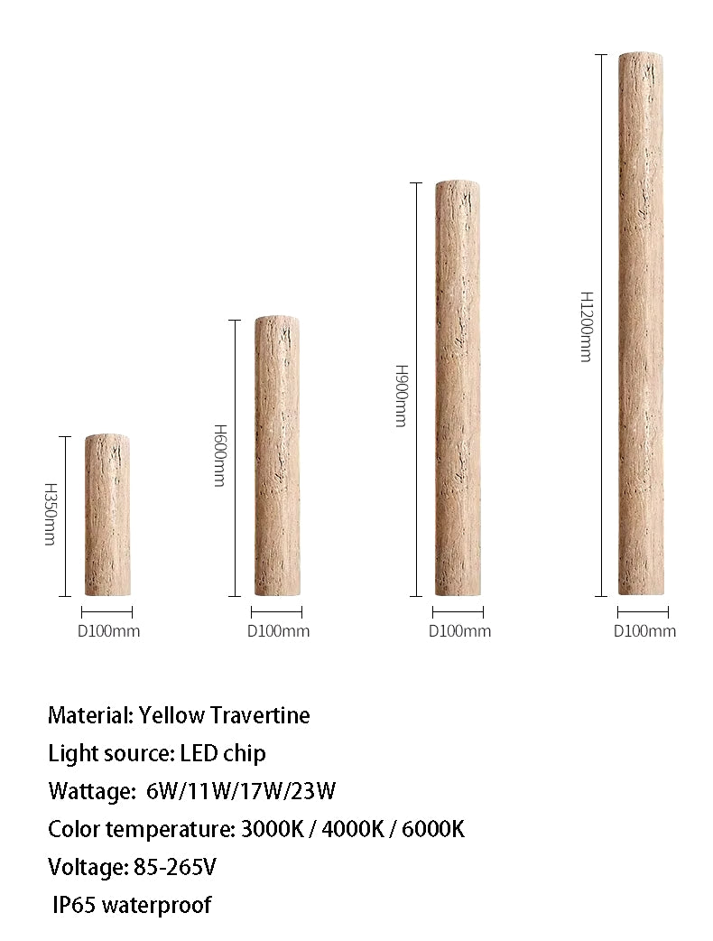 Four cylindrical stone light fixtures of varying heights are exhibited, meticulously designed to feature elegant LED lighting. Each fixture maintains a consistent diameter of 100mm and boasts IP65 waterproofing. These fixtures, offered by Morsale under the name "IP65 Waterproof Natural Travertine Wall Light," come with detailed information on material, wattage, color temperature, and voltage.