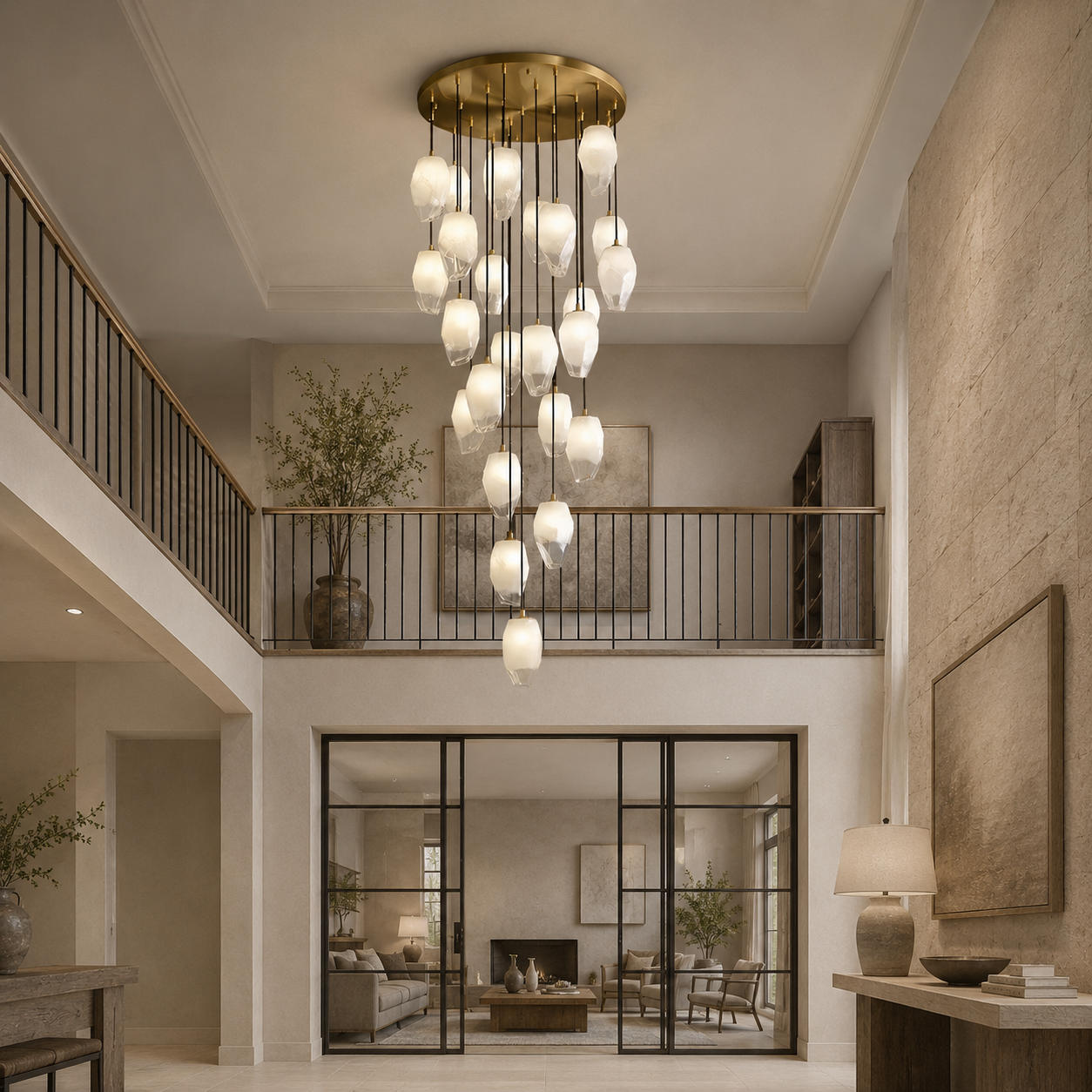 Modern chandelier hanging in a stylish living room with neutral tones.