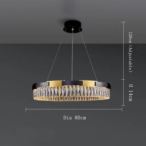 The Siena Contemporary Crystal Light Fixture by Morsale.com is a modern, circular stainless steel chandelier featuring a gold and black frame adorned with multiple hanging crystal-like pendants. It measures 14cm in height and 80cm in diameter, with an adjustable hanging length of up to 120cm. This luxurious chandelier is suspended from a black ceiling mount.