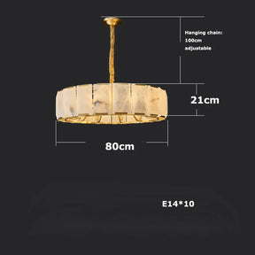 The Natural Marble Ceiling Chandelier by Morsale.com features a circular design, suspended from a gold-colored chain adjustable up to 100 cm. With a diameter of 80 cm and a height of 21 cm, it showcases elegant natural marble and brass accents, and it can accommodate 10 E14 bulbs.