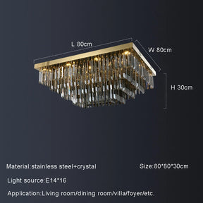 The Gio Smoke Grey Crystal Ceiling Chandelier by Morsale.com, measuring 80 x 80 x 30 cm, is composed of stainless steel and smoke grey crystal. It features 16 E14 light sources and an elegant design with multiple hanging crystal elements. Suitable for living rooms, dining rooms, villas, foyers, and similar spaces.