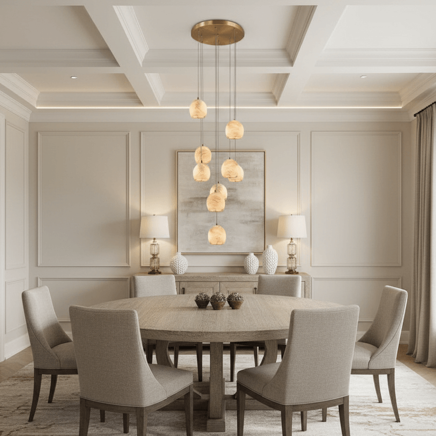 Elegant dining room with a wooden table, six upholstered chairs, and the Auris 9-Light Marble Chandelier by Morsale.com above. Beige paneled walls, two side table lamps, and a large abstract painting complete the sophisticated look.