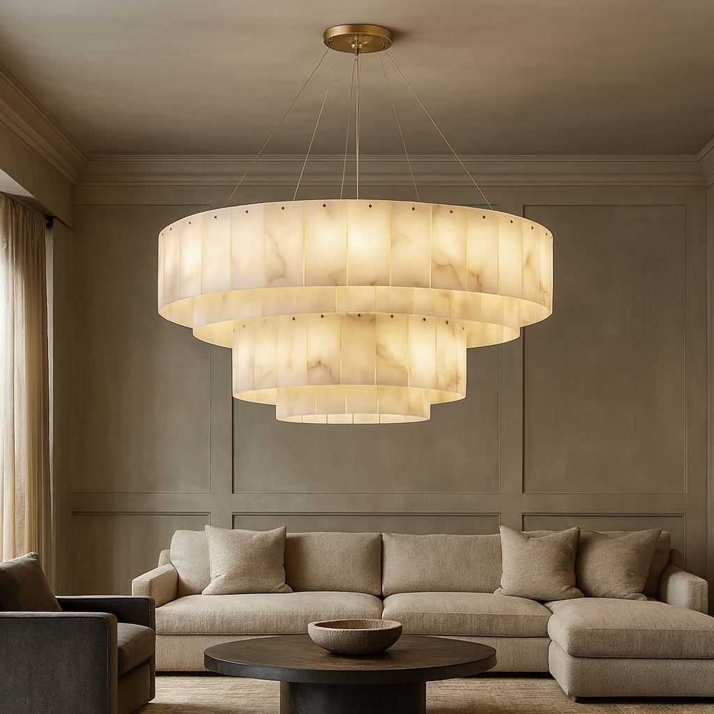 Modern living room with a large chandelier, beige sofa, and wooden coffee table.