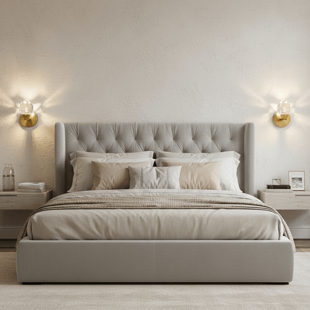 
                  
                    A modern bedroom with a gray upholstered bed, beige bedding, and floating nightstands is elevated by the Bari Crystal Sconce from Morsale.com, adding sophisticated gold and glass accents to the minimalist neutral-toned decor.
                  
                