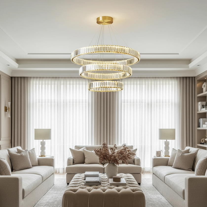 Modern living room with beige sofas, a coffee table, and a chandelier.