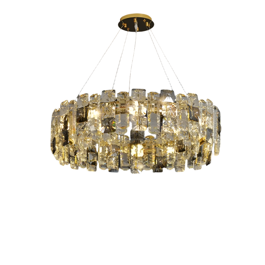 The luxurious Rimini Crystal Chandelier from Morsale.com features a circular design, suspended from the ceiling by multiple wires. Adorned with dazzling crystals that reflect light to create a sparkling effect, it adds an elegant touch to any dining room. The frame and attachment point are finished in gold.