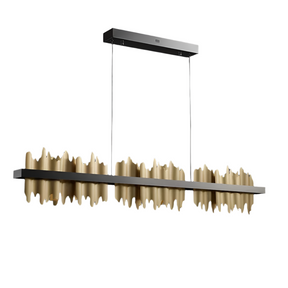 Introducing the Nera Brushed Brass Dining Room Chandelier from Morsale.com. Perfect as a kitchen chandelier, it features a rectangular black base with a wave-like pattern of gold accents hanging below. Suspended by two thin wires, this ceiling chandelier combines sleek lines with artistic design elements for a contemporary look.