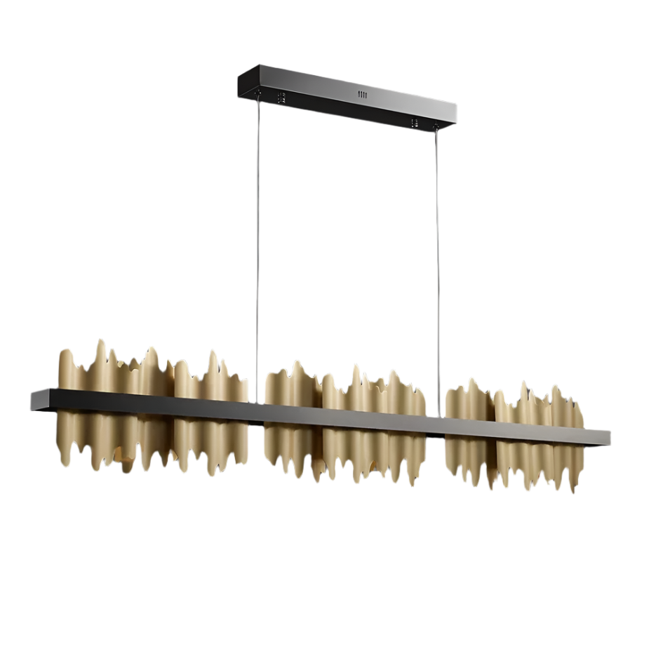 Introducing the Nera Brushed Brass Dining Room Chandelier from Morsale.com. Perfect as a kitchen chandelier, it features a rectangular black base with a wave-like pattern of gold accents hanging below. Suspended by two thin wires, this ceiling chandelier combines sleek lines with artistic design elements for a contemporary look.