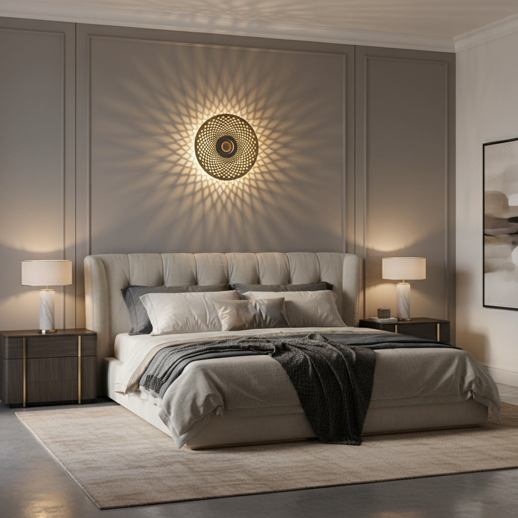 A modern bedroom features a large tufted bed with neutral bedding, two wooden nightstands with lamps, and Morsale.com’s Westhill Brass Wall Sconces above the bed casting patterned accent lighting for a cozy, elegant ambiance.